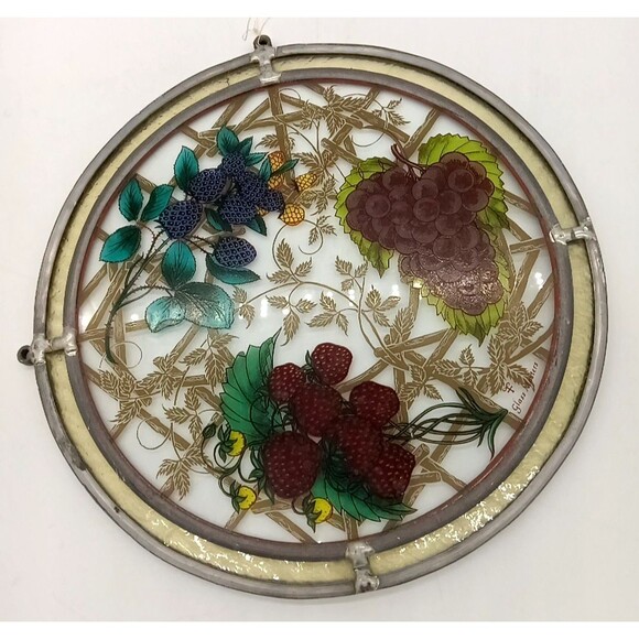 Rare Vintage Glassmasters Stained Glass Suncatcher 10” Grapes & Berries - Picture 1 of 6